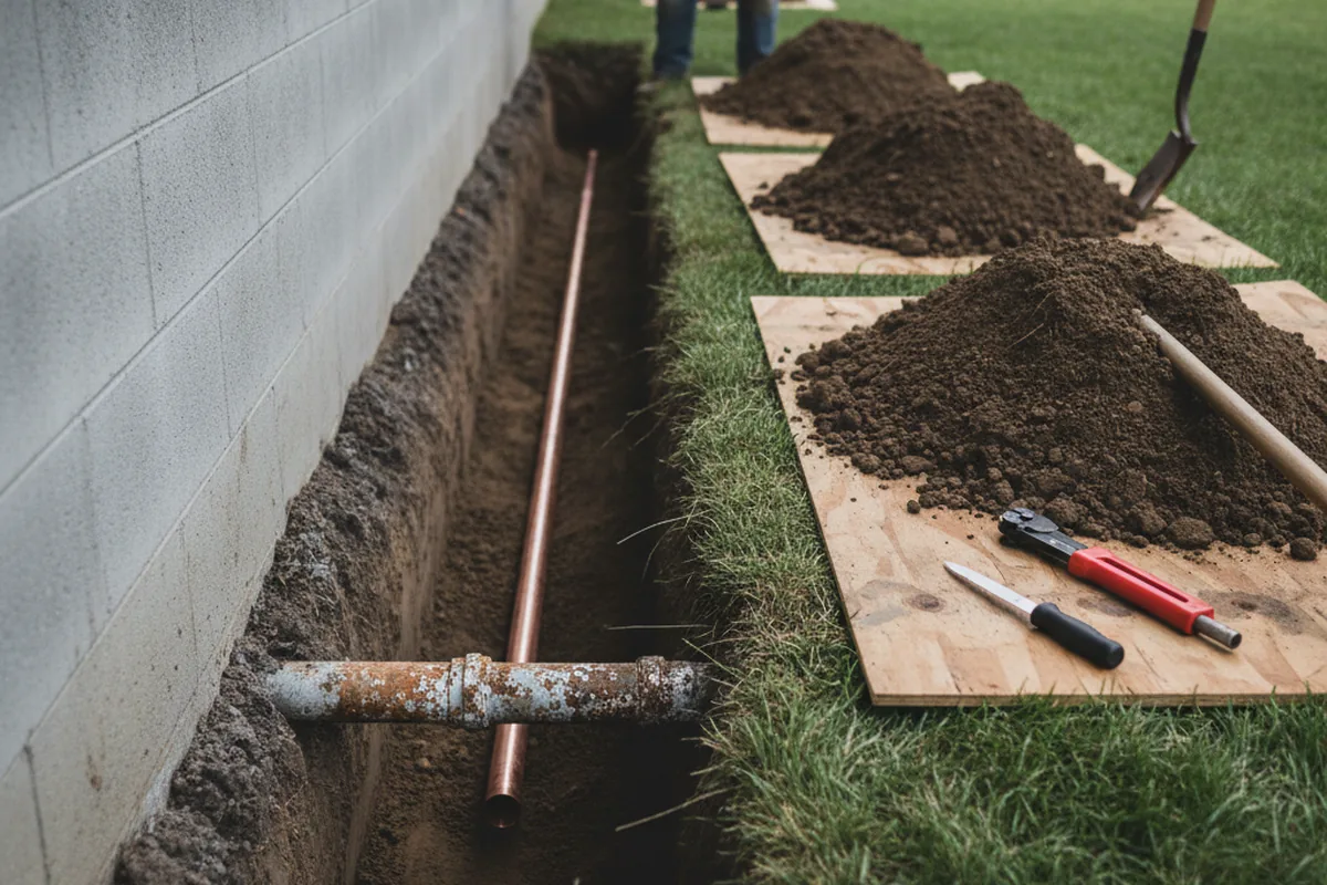 Excavated water line trench during Water Softener Installation in Cataldo
